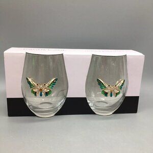 NWT - Set of 2 Rachel Zoe Rhinestone Teal Gold Butterfly Stemless Wine Glasses